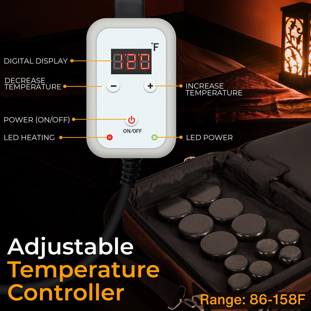 Hot Stone Massage Kit - Portable Heated Rock Therapy System With Digital Temperature Controller, Includes (12) Massaging Stones