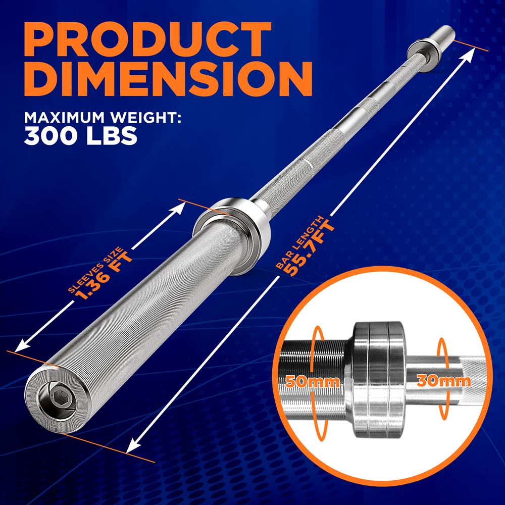 Olympic Barbell 7ft - Durable Chrome, Non-Slip Grip, 300lb Capacity