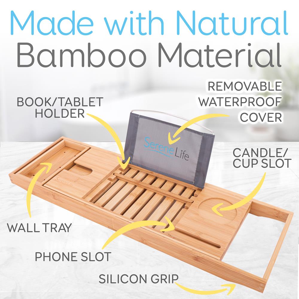 Bamboo Bathtub Caddy Tray - Relaxation Organizer, Adjustable, Natural Wood