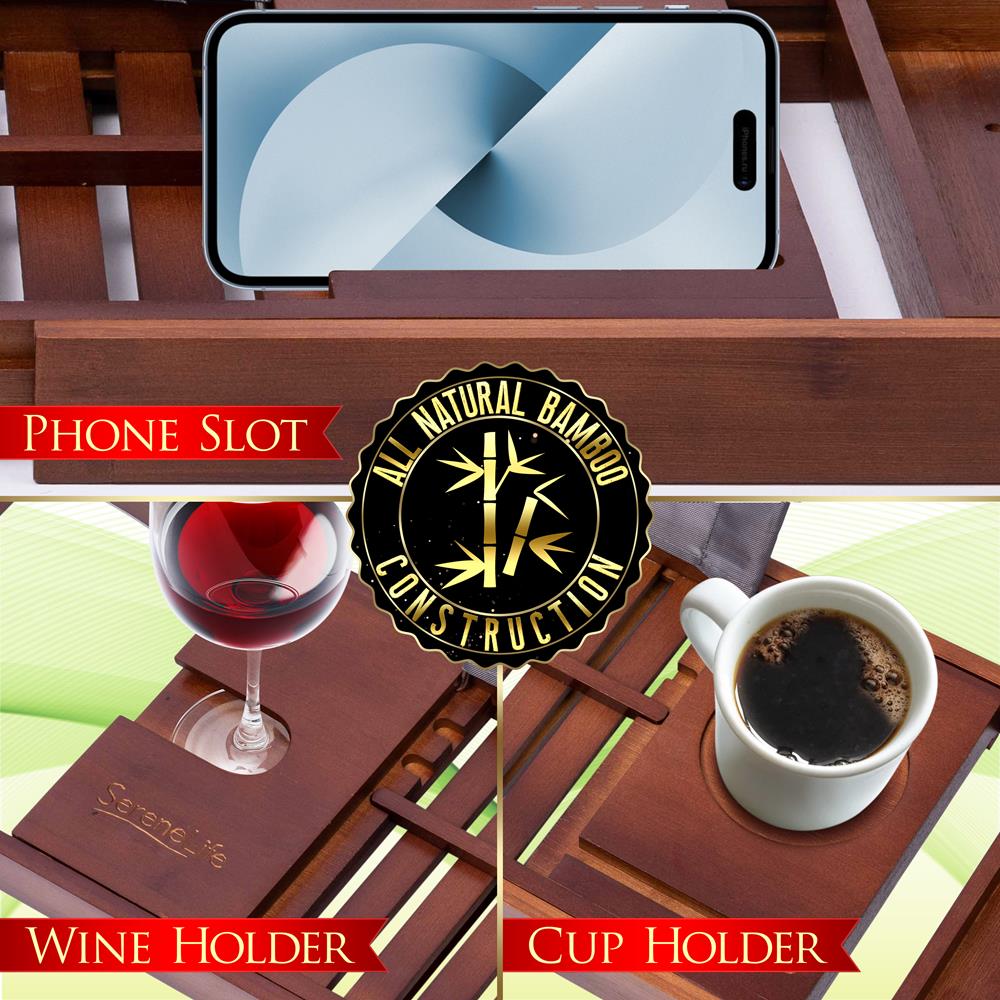 Bamboo Bathtub Caddy Comfort Extendable Tray Waterproof Brown