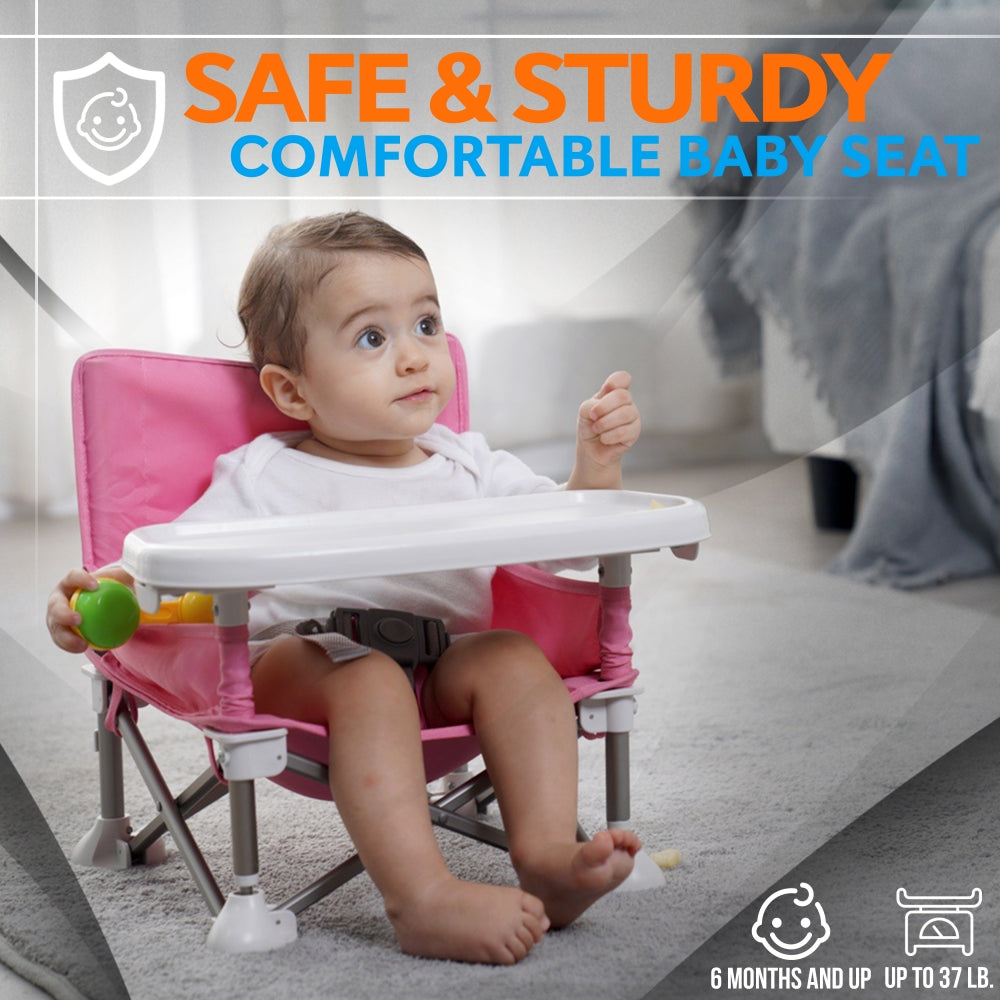 Baby Booster Seat - Portable Folding Design - Safety Belt & Tray