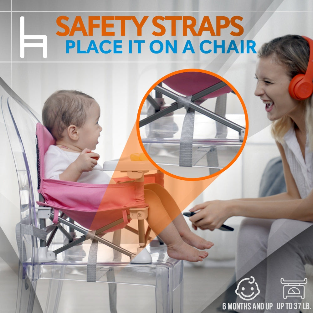 Baby Booster Seat - Portable Folding Design - Safety Belt & Tray