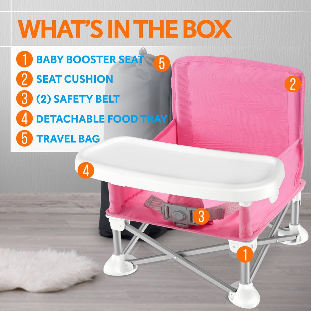 Baby Booster Seat - Portable Folding Design - Safety Belt & Tray