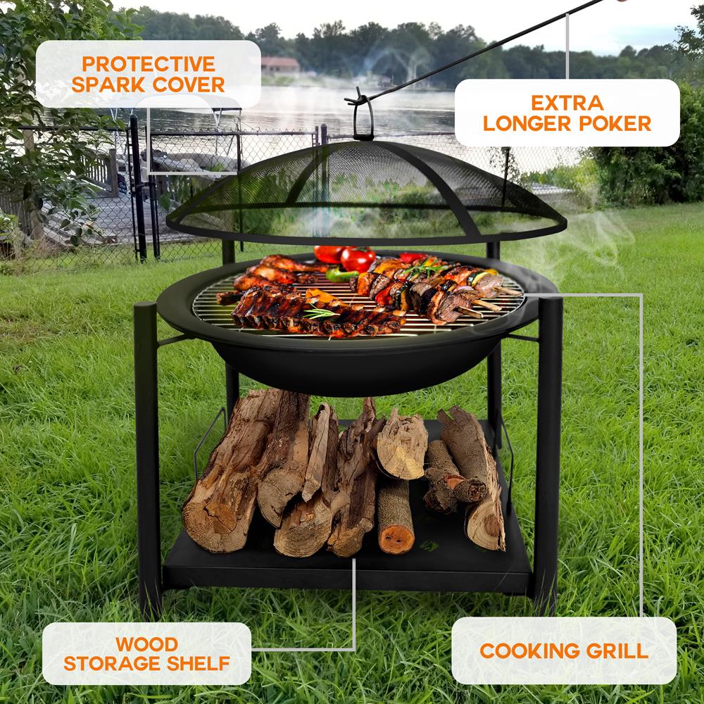 26" Outdoor Fire Pit with BBQ Grill, Heat-Resistant Steel, Wood Storage