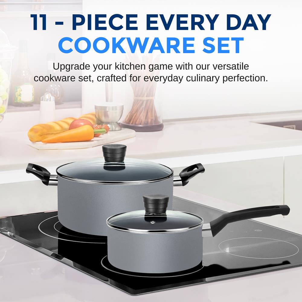 11-Piece Non-Stick Cookware Set, Even Heat, Black Coating