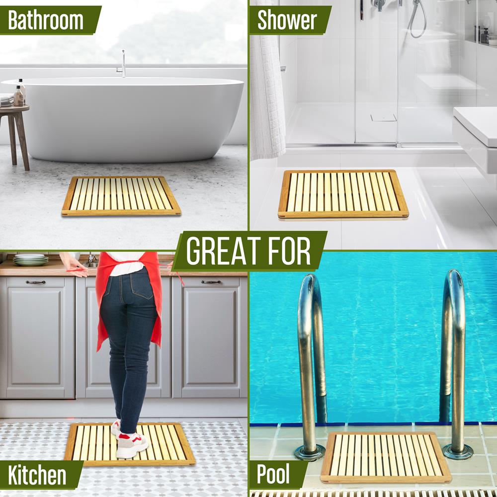 Bamboo Bath Mat - Fast Drying, Non-Slip, Elevated Design, Natural Wood