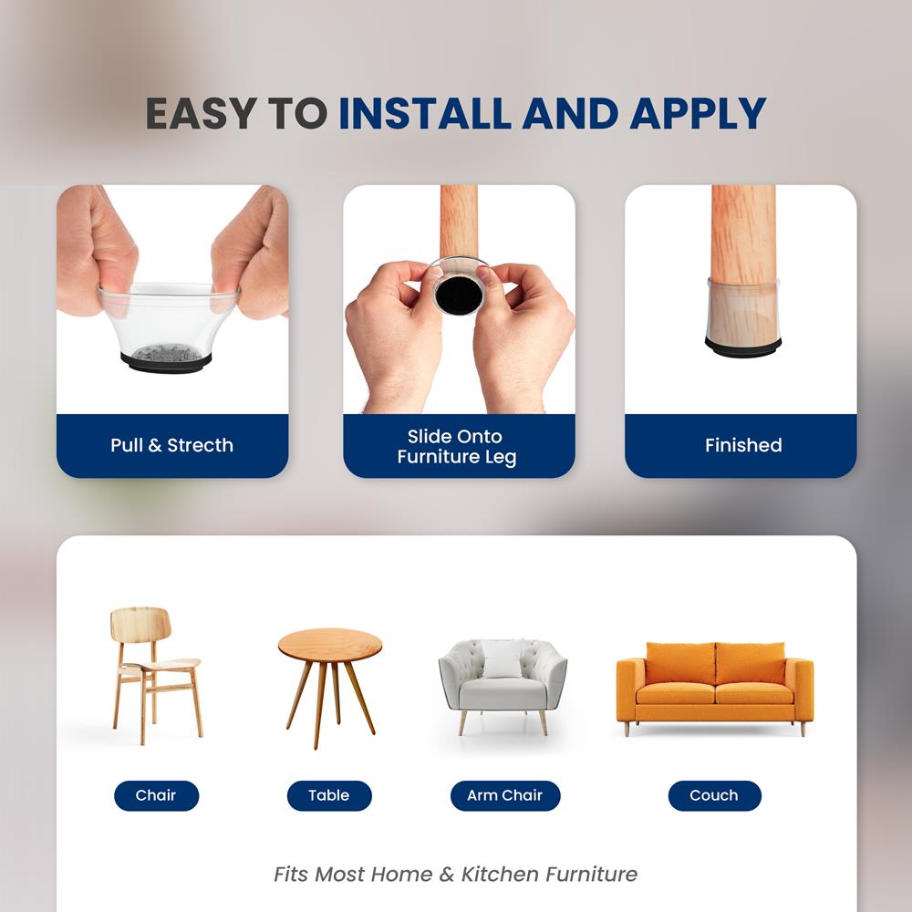 Chair Leg Floor Protectors, Anti-Slip Rubber, Clear, 24 Pack