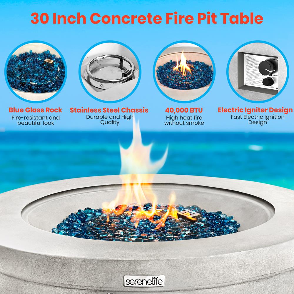Propane Fire Pit Table 40,000 BTU Stainless Steel Burner Blue Glass Rocks