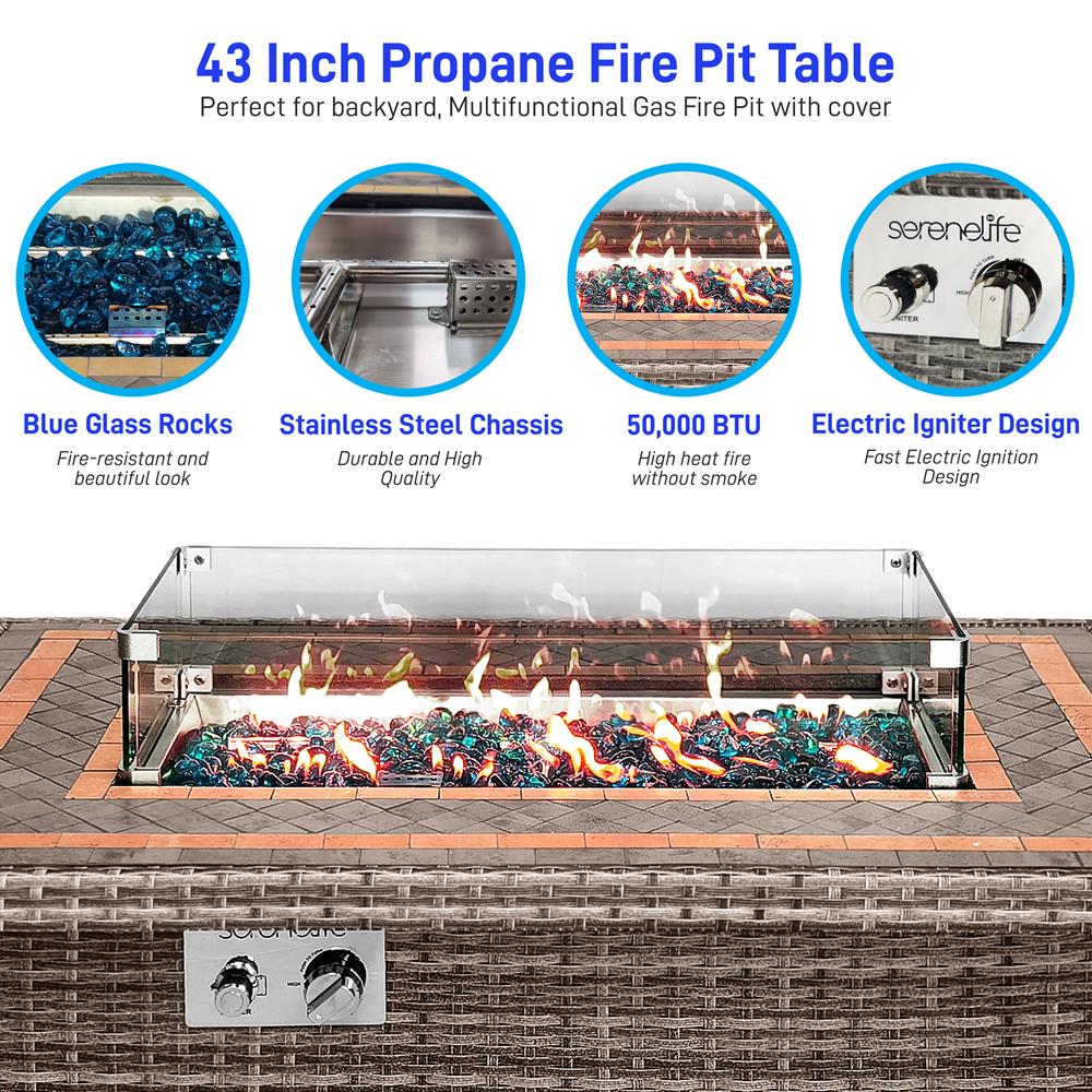 Outdoor Propane Fire Pit Table 50,000 BTU Tile Top Glass Wind Guard