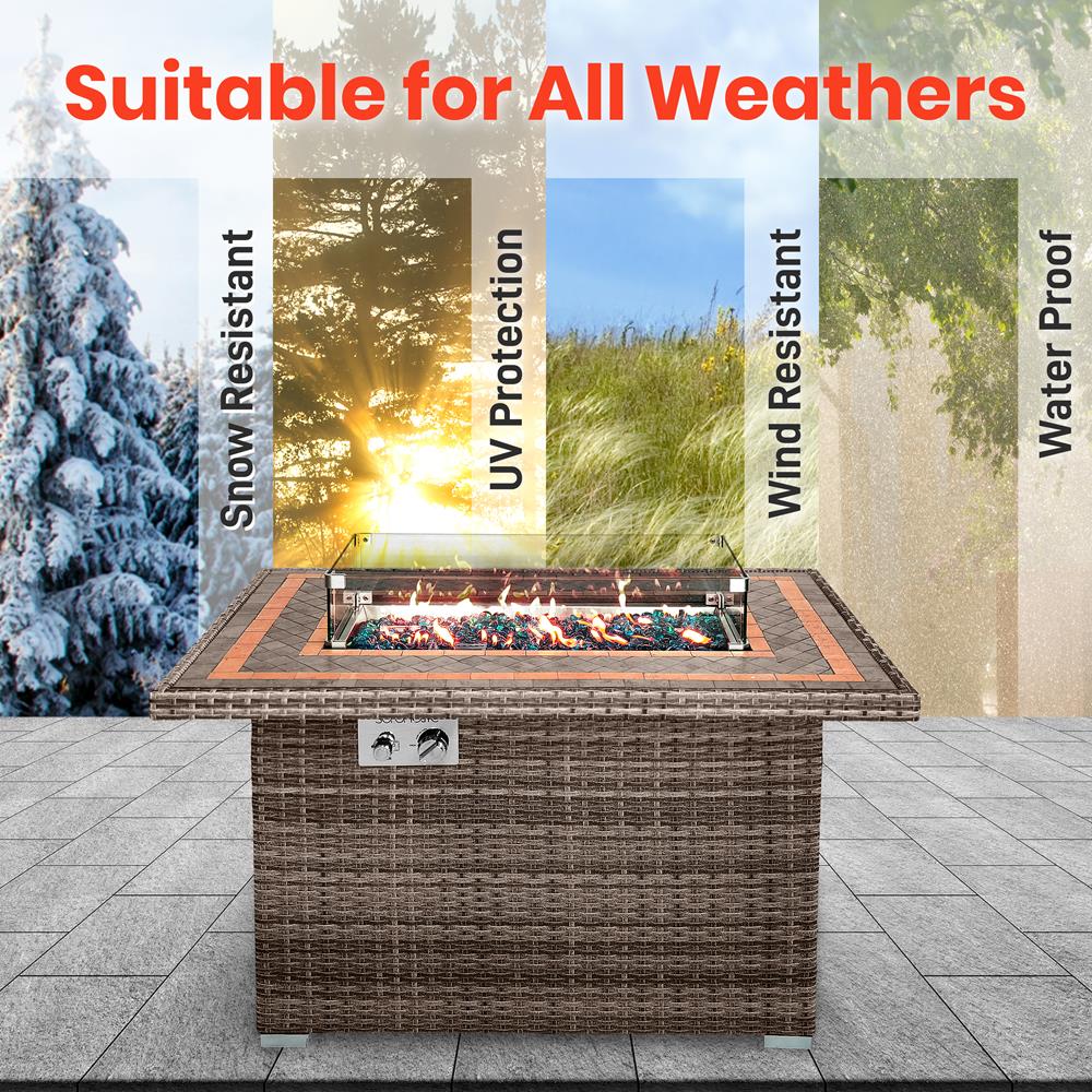 Outdoor Propane Fire Pit Table 50,000 BTU Tile Top Glass Wind Guard