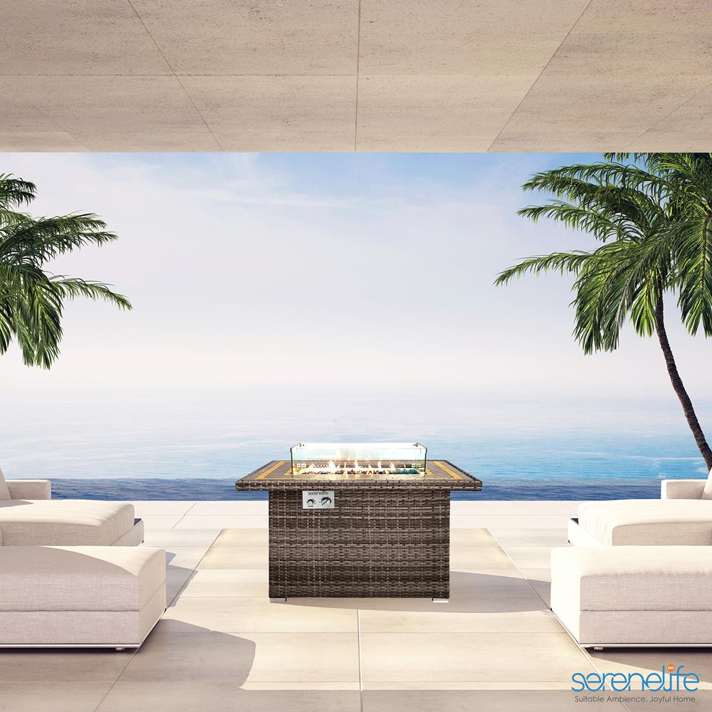 Outdoor Propane Fire Pit Table 50,000 BTU Tile Top Glass Wind Guard, Rattan Base