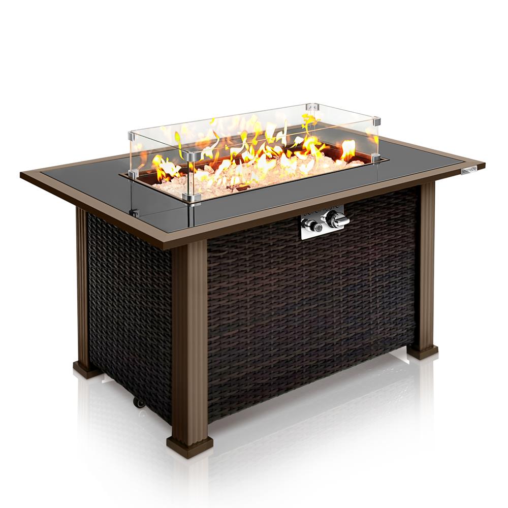Outdoor Propane Fire Pit Table 50,000 BTU Auto-Ignition Glass Wind Guard
