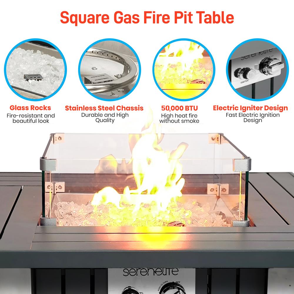 Propane Fire Pit Table 50,000 BTU Stainless Steel Pan & Legs, Weather Cover
