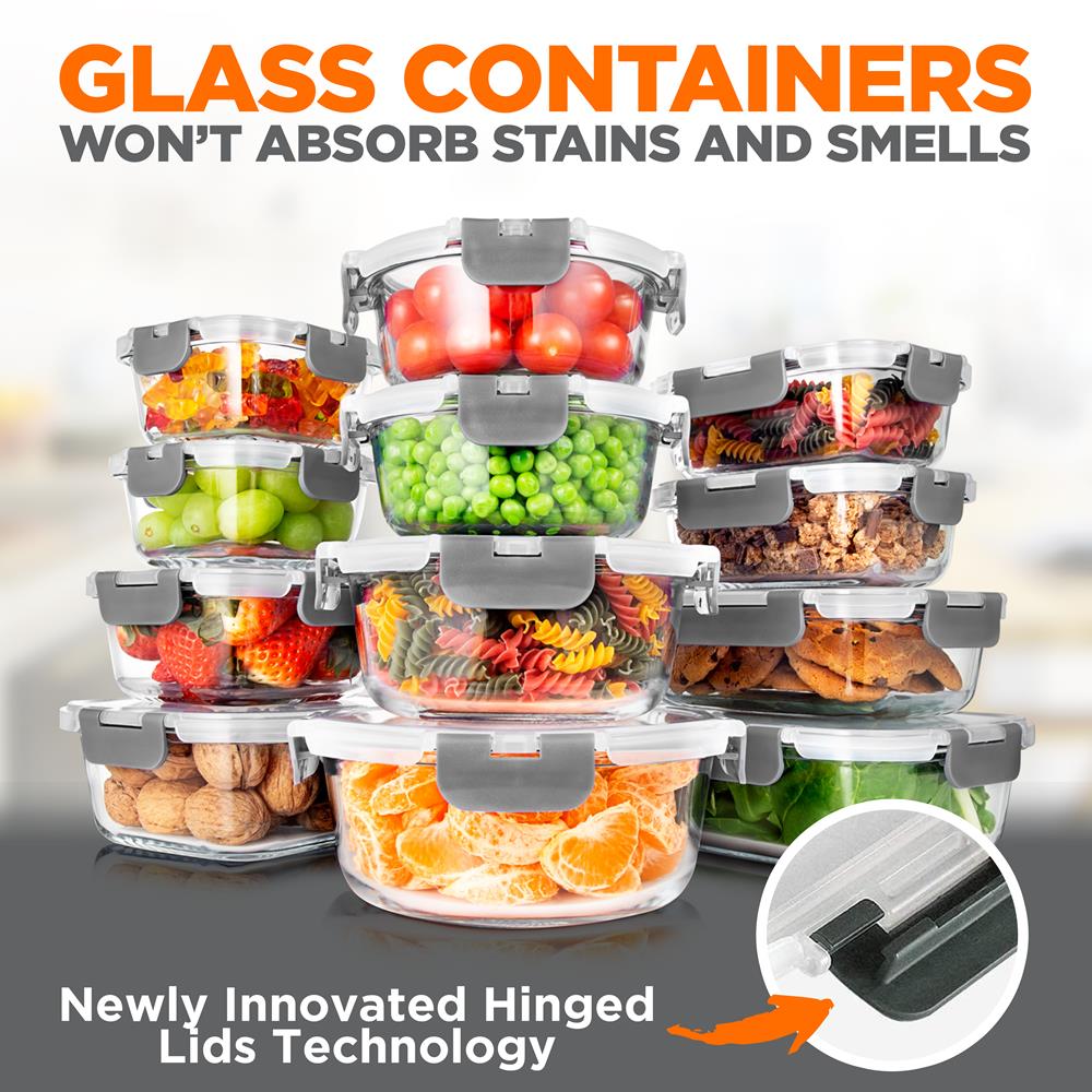 24-Piece Glass Storage Set, Leak-Proof, High Borosilicate, Gray