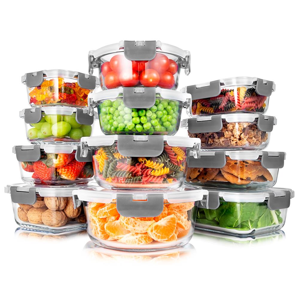 24-Piece Glass Storage Set, Leak-Proof, High Borosilicate, Gray