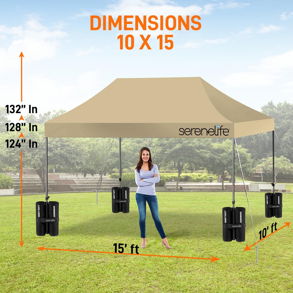 Pop Up Canopy Tent 10x15 - Waterproof, UV Blocker, Khaki, Portable Wheels