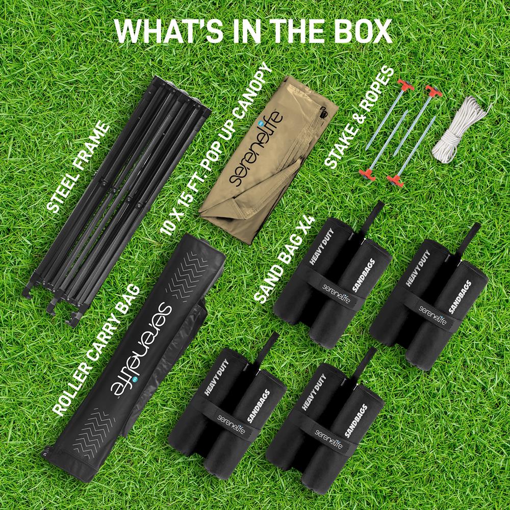 Pop Up Canopy Tent 10x15 - Waterproof, UV Blocker, Khaki, Portable Wheels