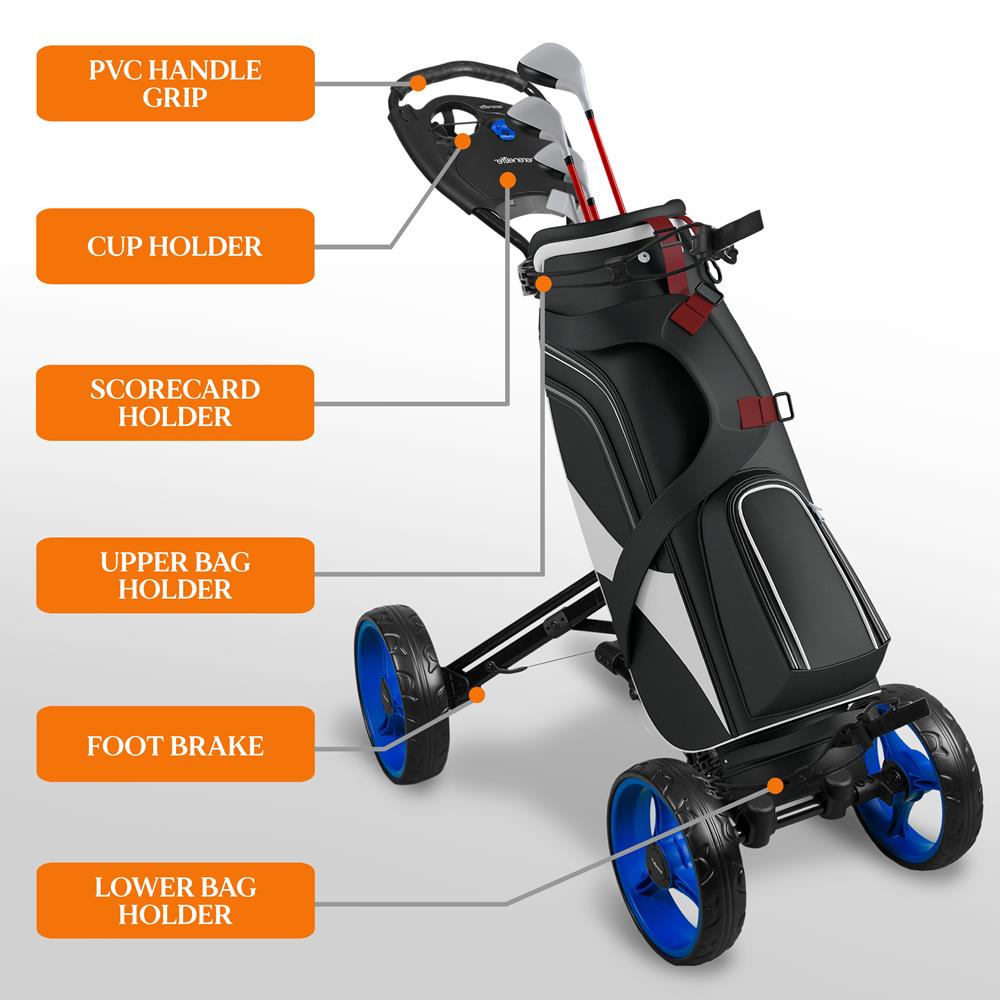 4-Wheel Golf Push Cart, Easy Fold, Aluminum Frame, Compact Storage