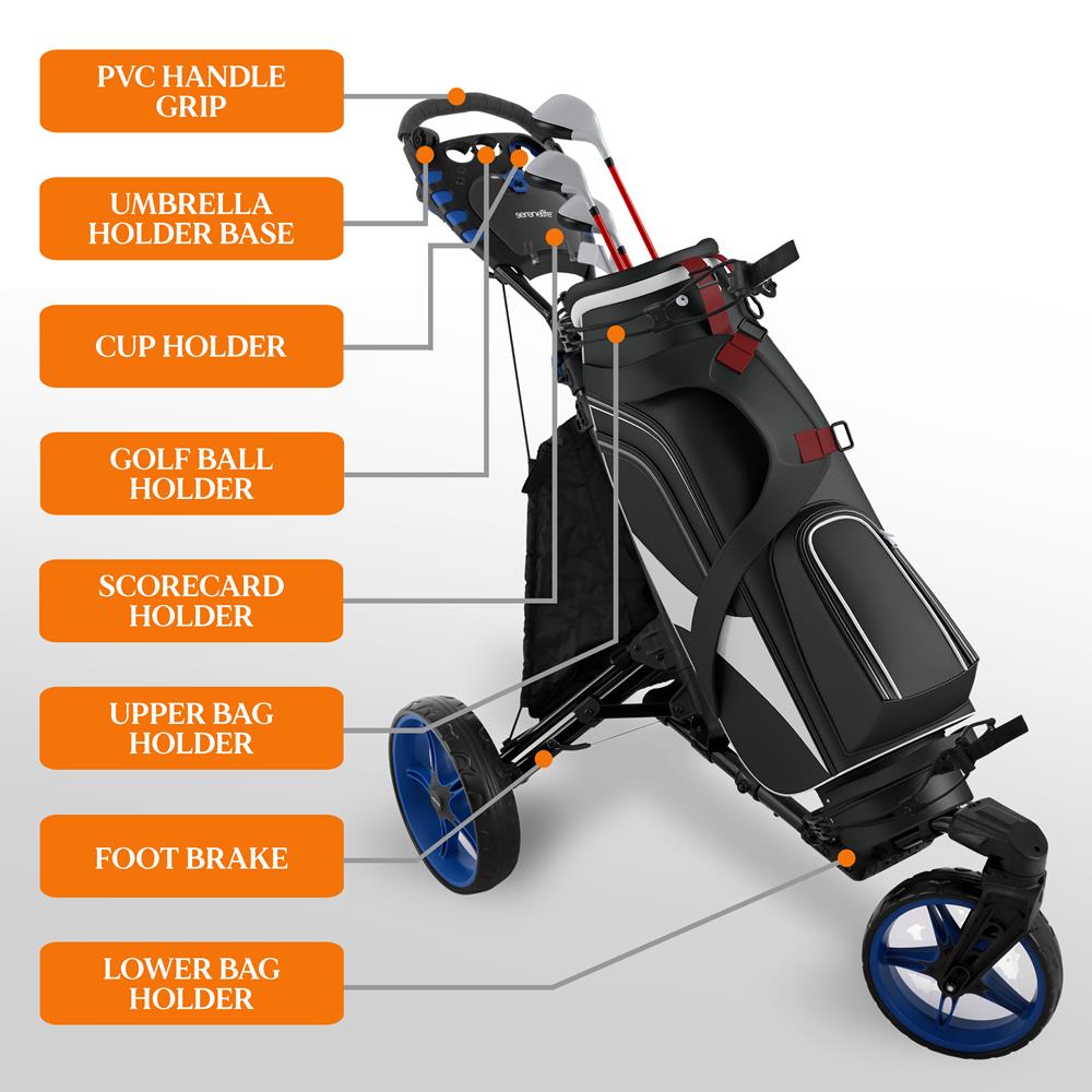 3-Wheel Golf Push Cart - Lightweight Aluminum, Easy Fold, Cooler Storage