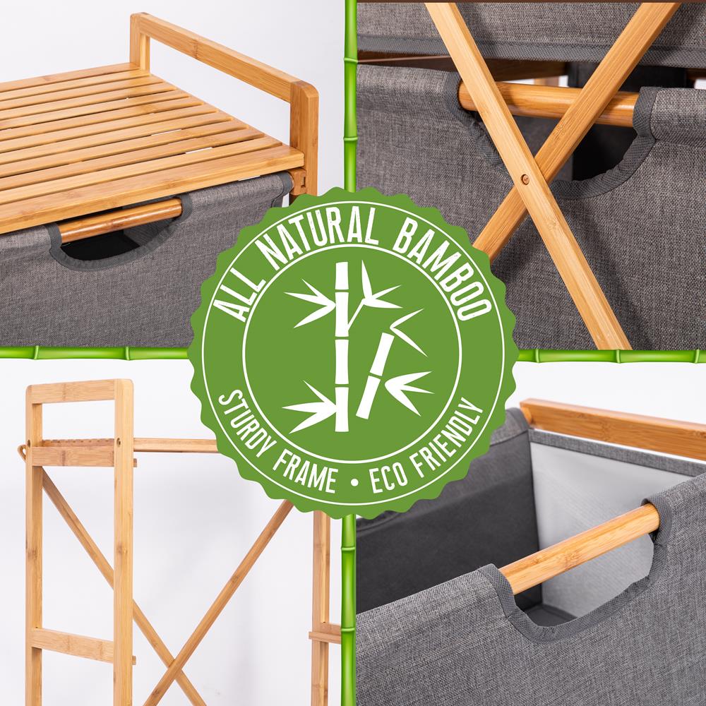 3 Section Bamboo Bathroom Organizer with Pull Out Hampers, Eco-Friendly