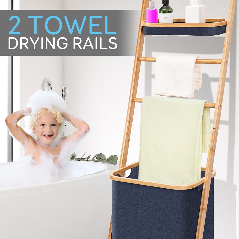 Bamboo Bath Towel Rack with Hamper - Space-Saving, Eco-Friendly