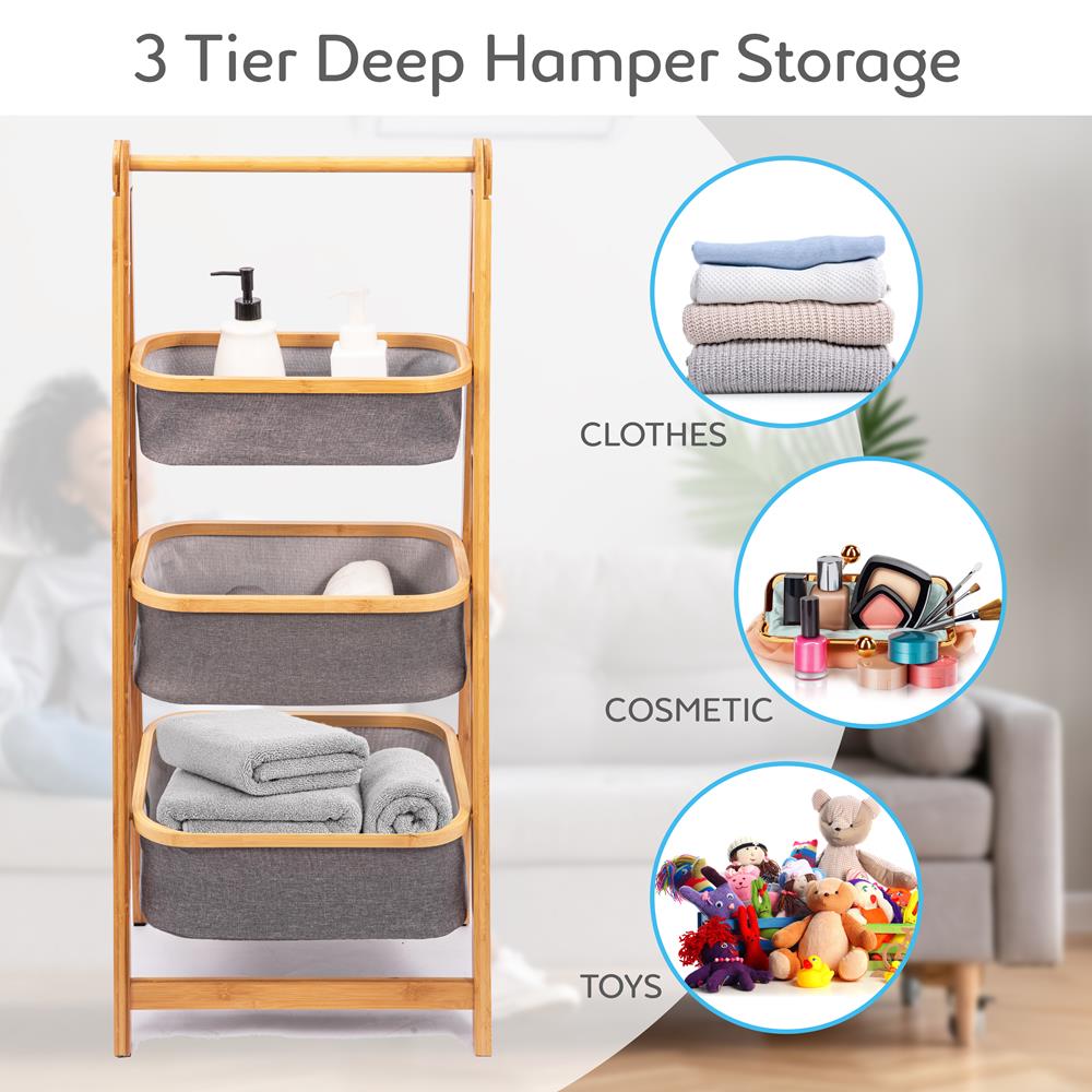 3 Tier Bamboo Laundry Shelf - Space-Saving Foldable Organizer with Baskets
