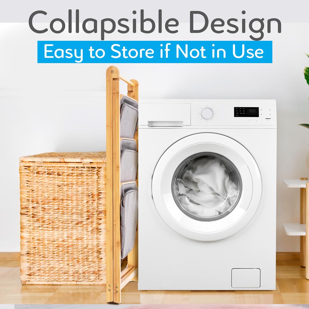 3 Tier Bamboo Laundry Shelf - Space-Saving Foldable Organizer with Baskets
