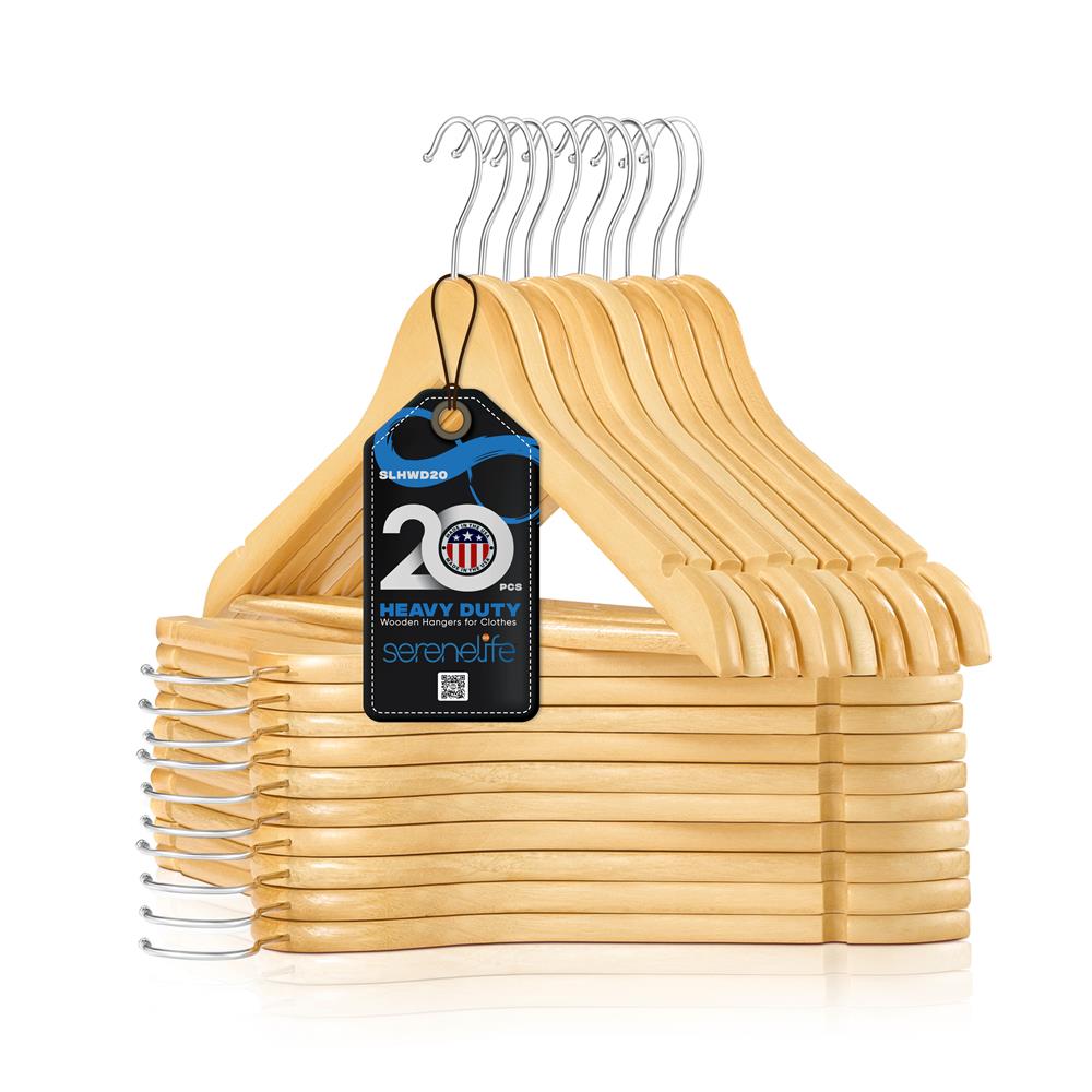 Wooden Coat Hangers 20 Pack, Durable 360° Swivel Hook, Natural Wood