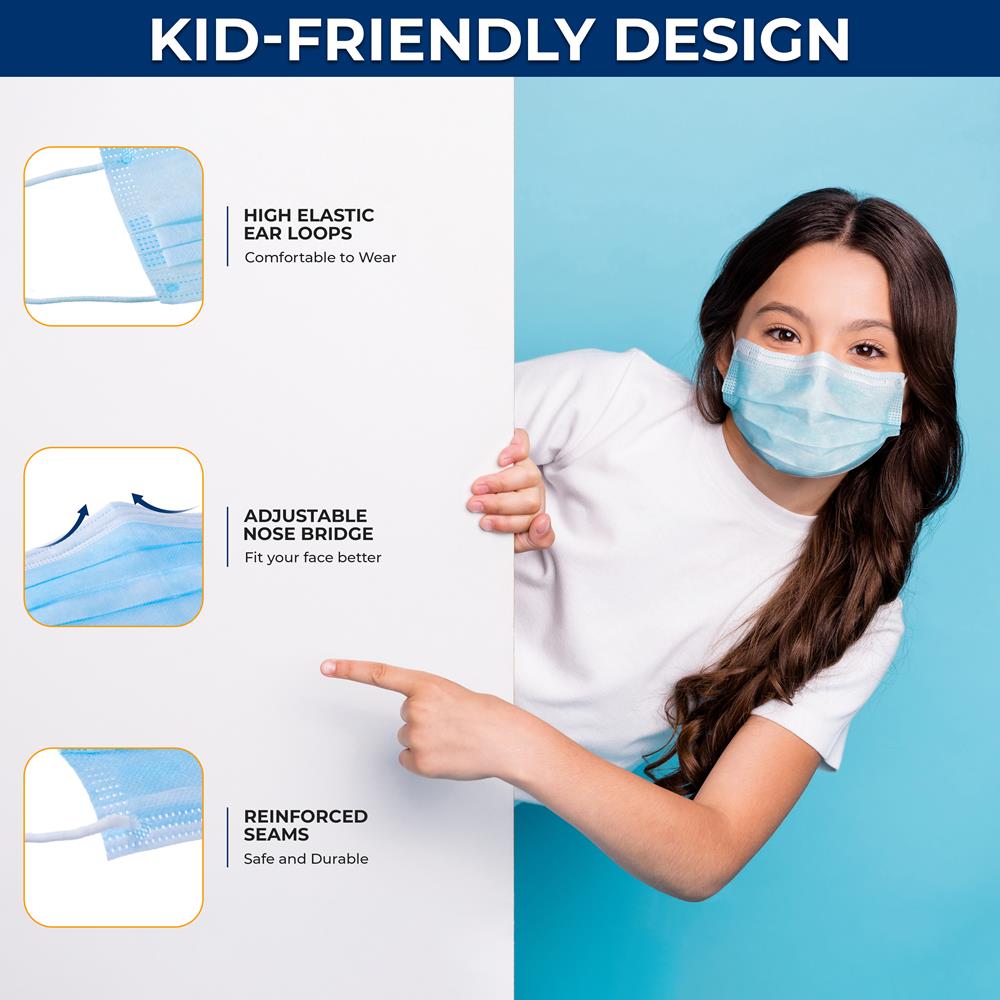 Children's Face Masks 50 Pack, Breathable 3-Ply, Non-Woven, Blue