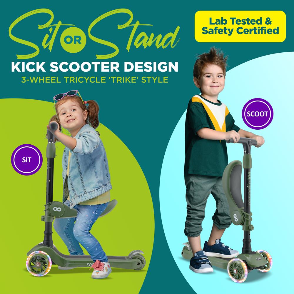Infinity 3-Wheel Kids Scooter - Child & Toddler Toy Scooter With Built-In Led Wheel Lights, Fold-Out Comfort Seat (Green)