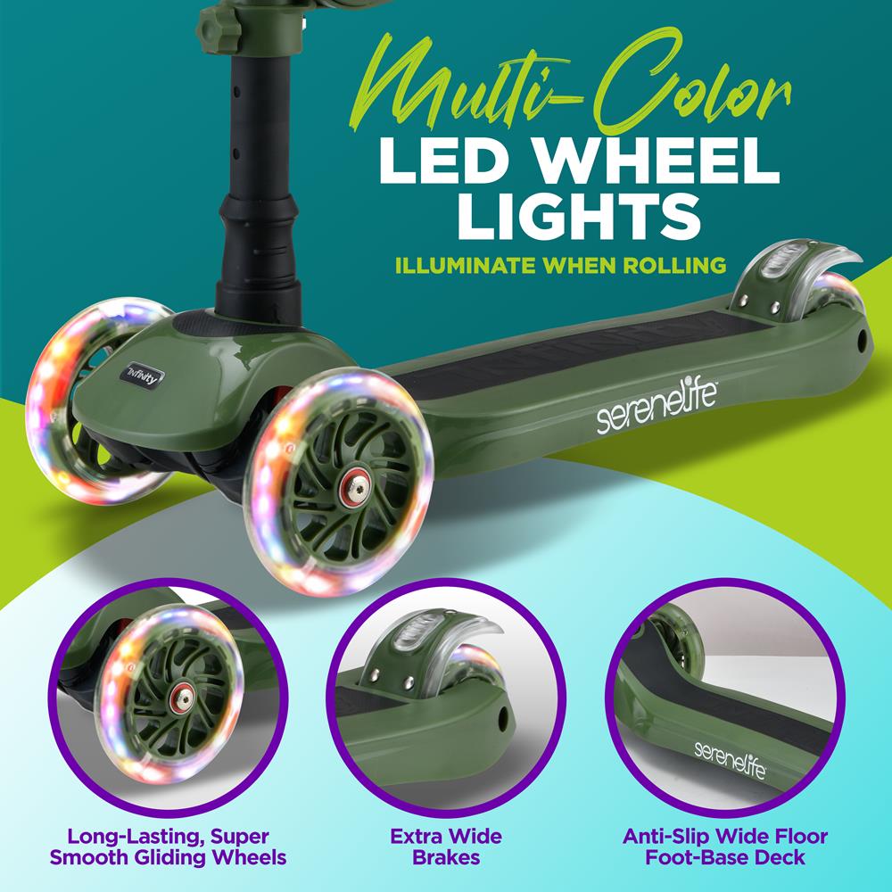 Infinity 3-Wheel Kids Scooter - Child & Toddler Toy Scooter With Built-In Led Wheel Lights, Fold-Out Comfort Seat (Green)