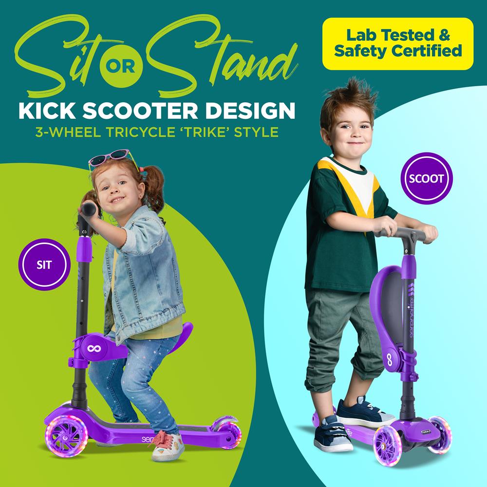 3-Wheel Kids Scooter, Sit/Stand, LED Wheels, Adjustable, Violet