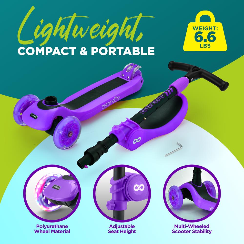3-Wheel Kids Scooter, Sit/Stand, LED Wheels, Adjustable, Violet