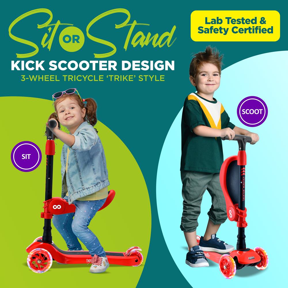 Infinity 3-Wheel Kids Scooter - Child & Toddler Toy Scooter With Built-In Led Wheel Lights, Fold-Out Comfort Seat (Red)