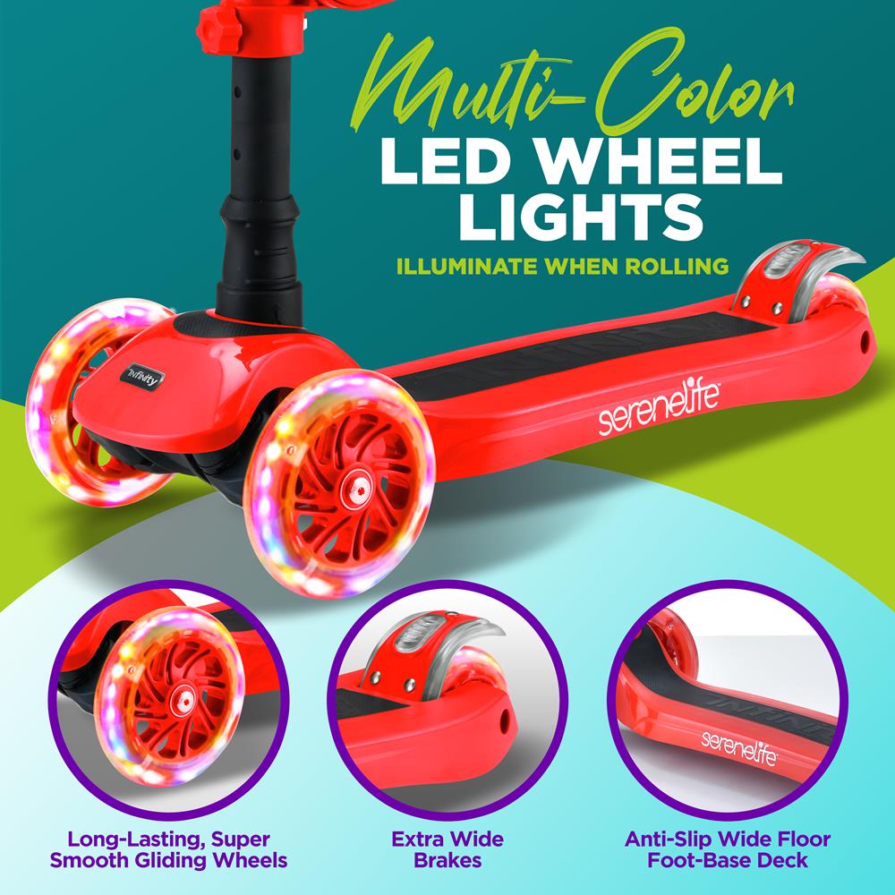 Infinity 3-Wheel Kids Scooter - Child & Toddler Toy Scooter With Built-In Led Wheel Lights, Fold-Out Comfort Seat (Red)