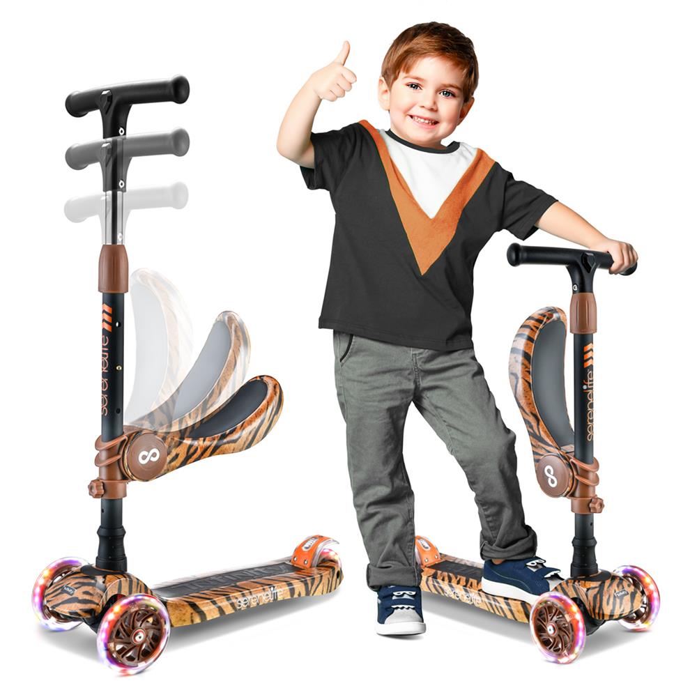 3-Wheel Kids Scooter, Sit/Stand, LED Wheels, Adjustable Height, Tiger