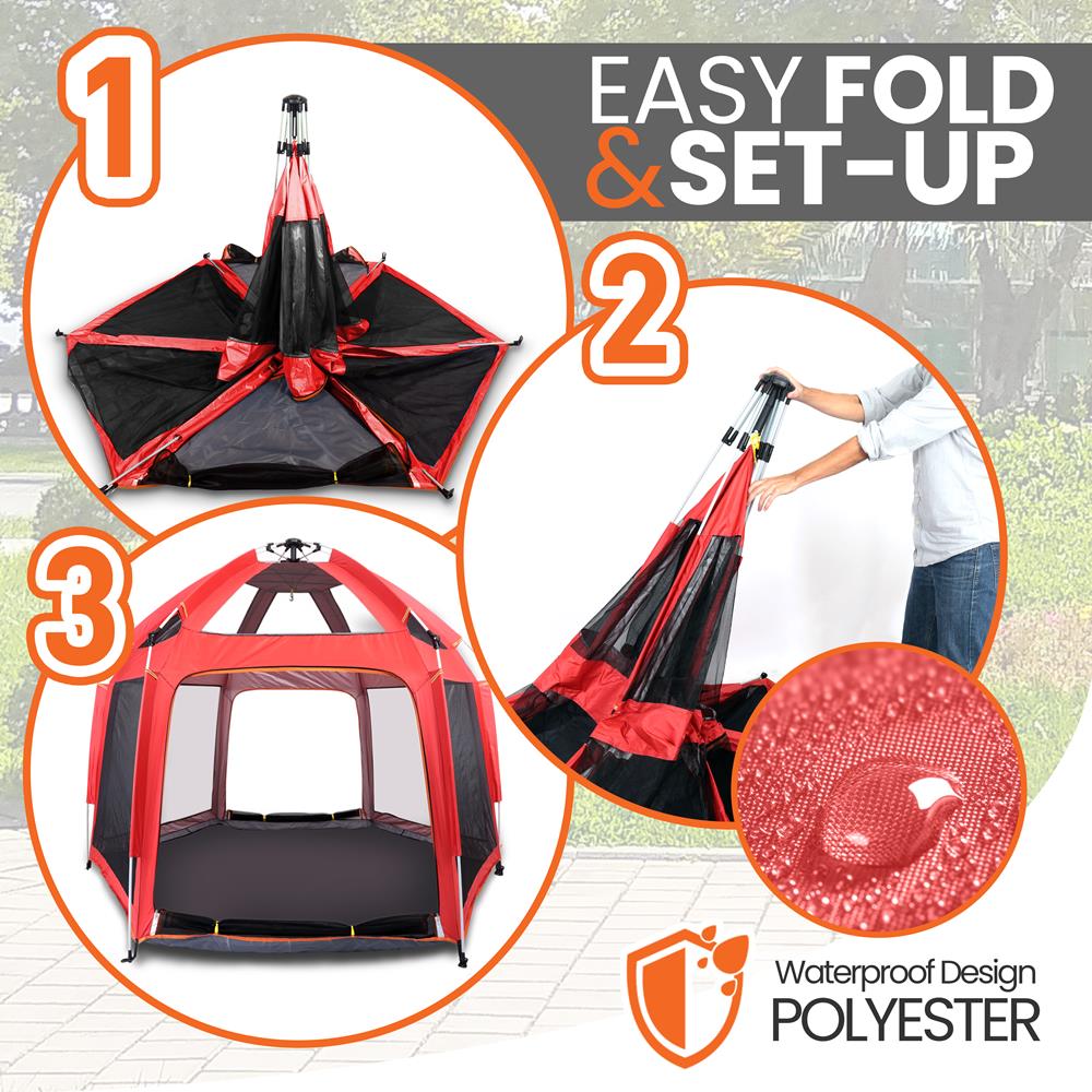 Portable And Foldable Playpen - Lightweight, Easily Collapsible, Play Yard Crib For Indoor & Outdoor Use, For Baby Or Toddler With 6 Panel Playpen Mattress (Red)