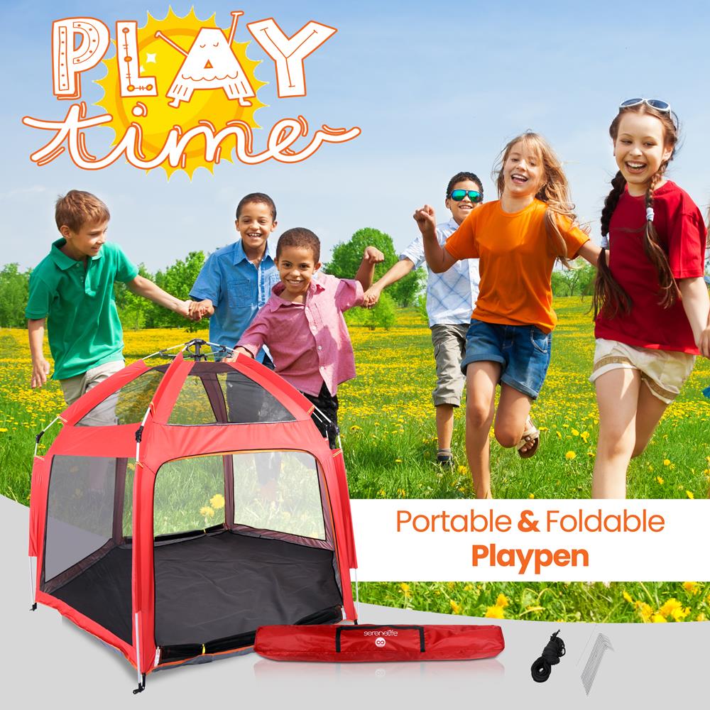 Portable And Foldable Playpen - Lightweight, Easily Collapsible, Play Yard Crib For Indoor & Outdoor Use, For Baby Or Toddler With 6 Panel Playpen Mattress (Red)
