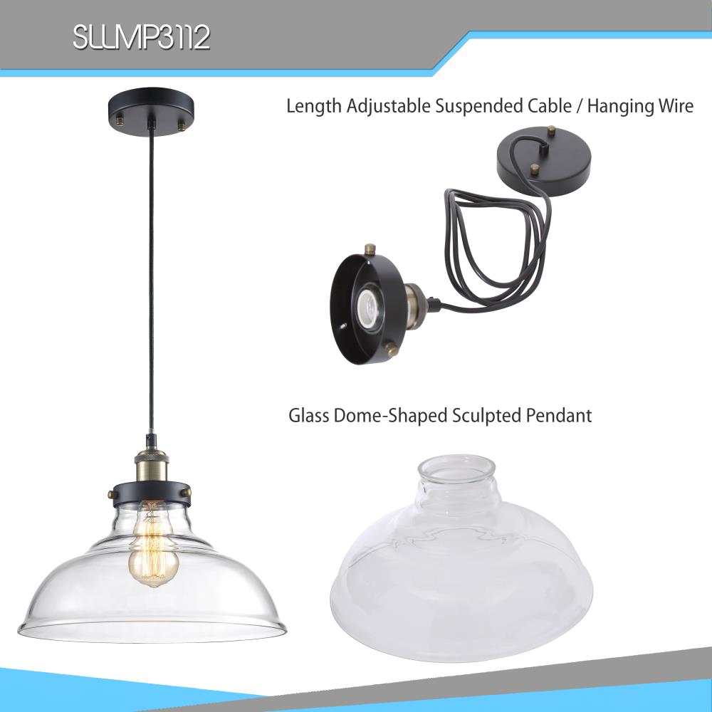 Pendant Light Fixture, Adjustable Glass Dome, Vintage Brass Finish