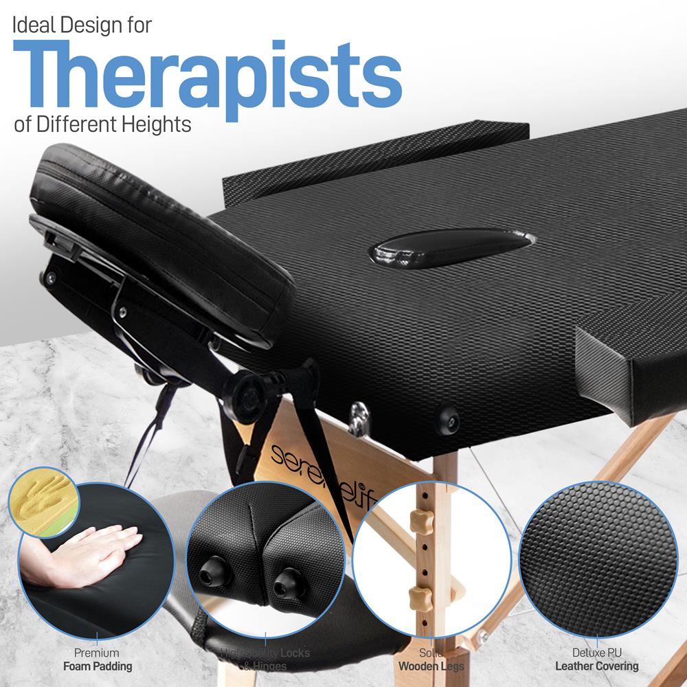 Portable Massage Table, Adjustable Wooden Frame, PU Leather, Ergonomic Headrest