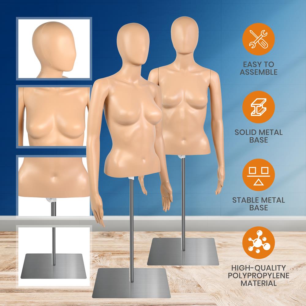 Female Mannequin Torso - Adjustable Height And Detachable Arms Dress Form Display W/ Metal Stand (Skin)