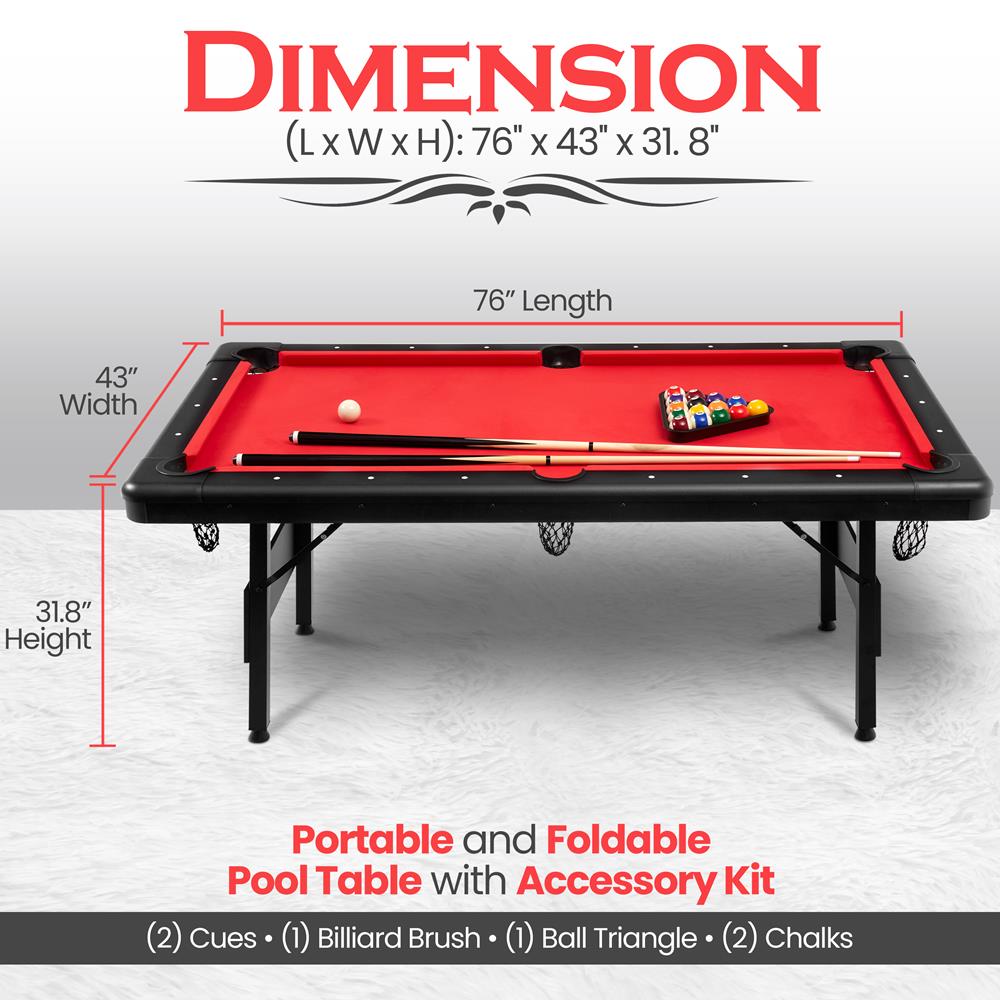 Portable 6ft Pool Table, Easy Fold, Durable Surface, Red