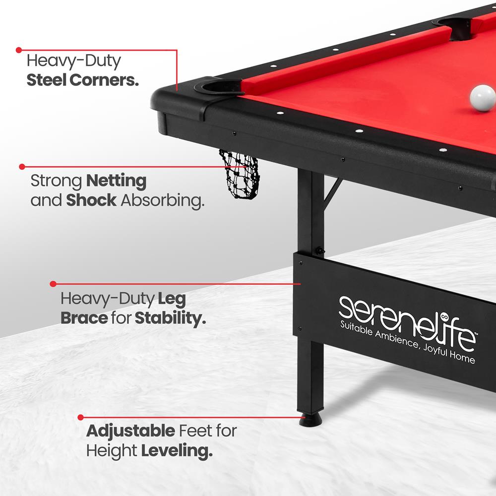 Portable 6ft Pool Table, Easy Fold, Durable Surface, Red