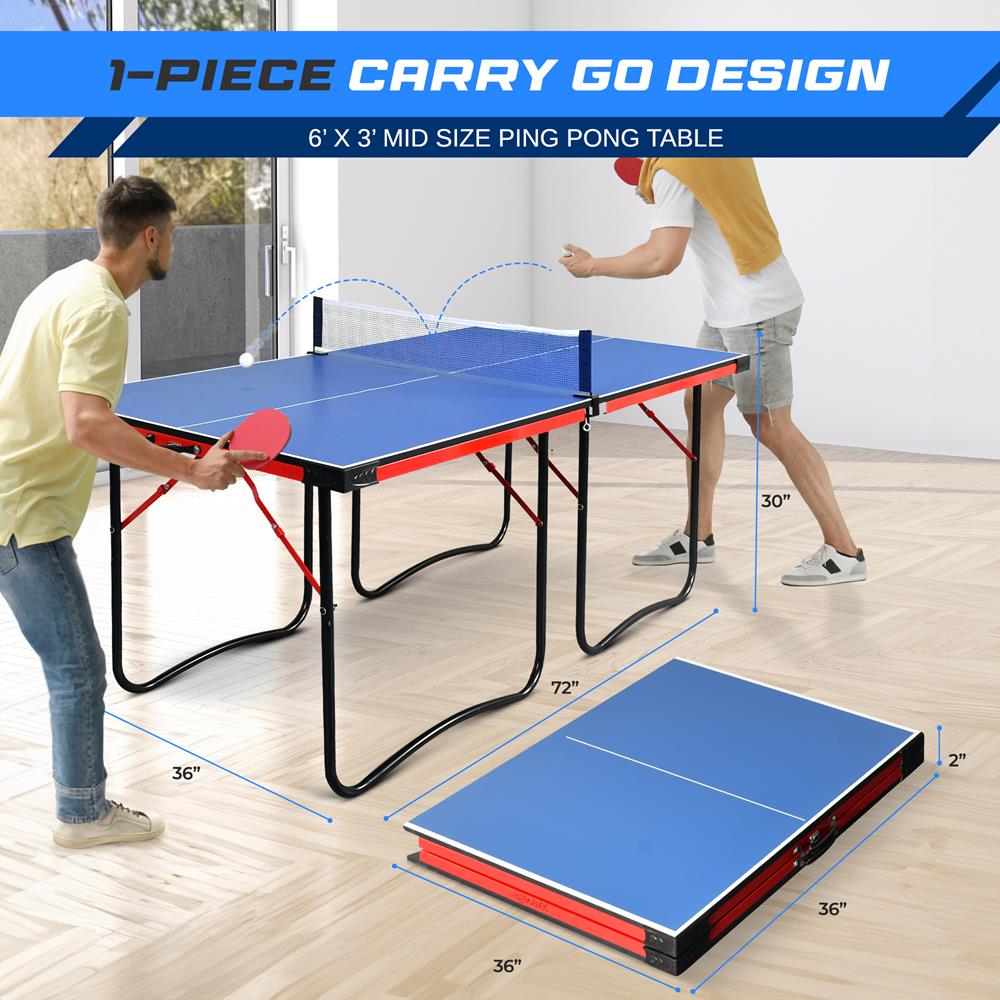 Portable Ping Pong Table Set, Space-Saving MDF, Blue, 6'x3' Foldable Design