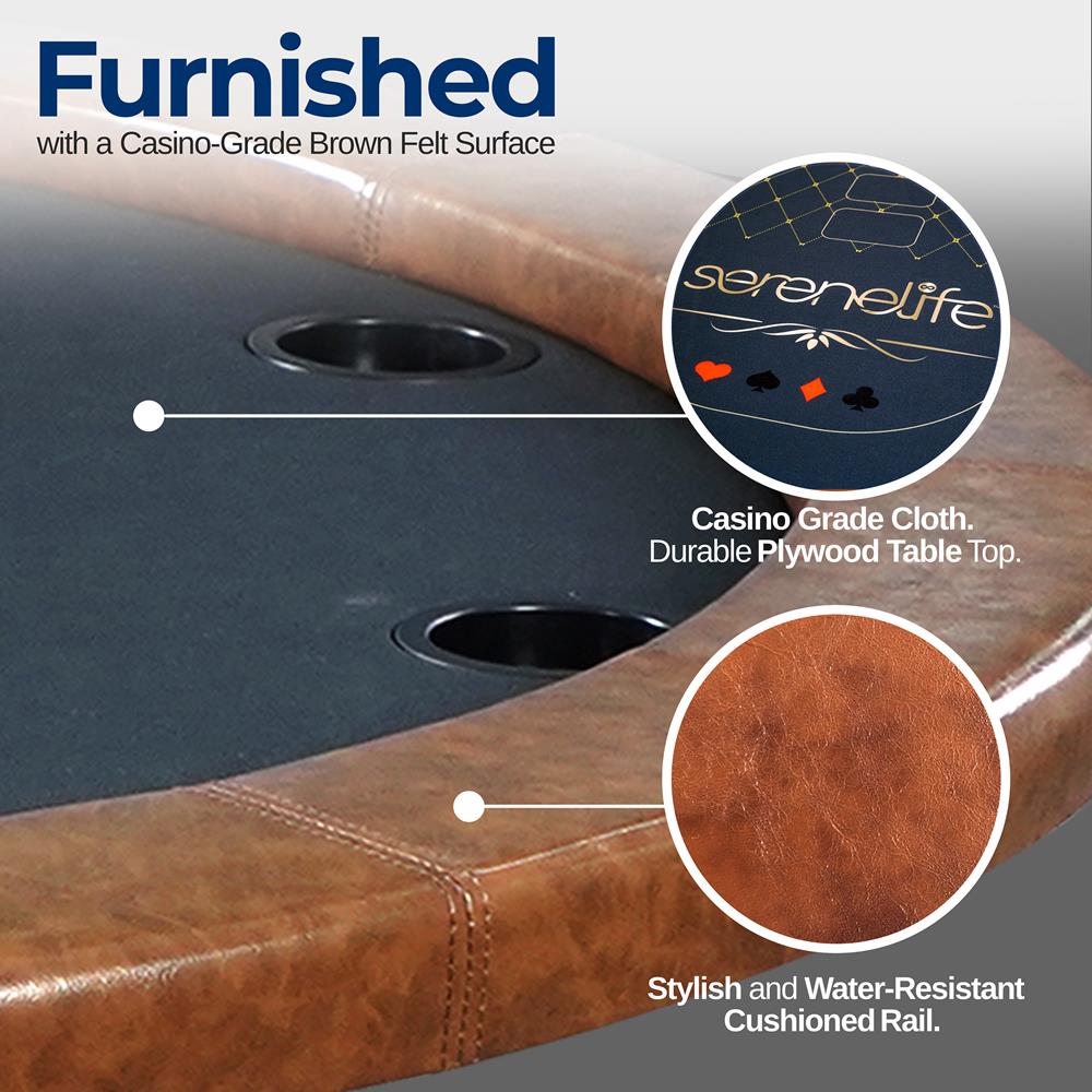 8-Player Foldable Poker Table, Water-Resistant Rail, Brown Felt Surface