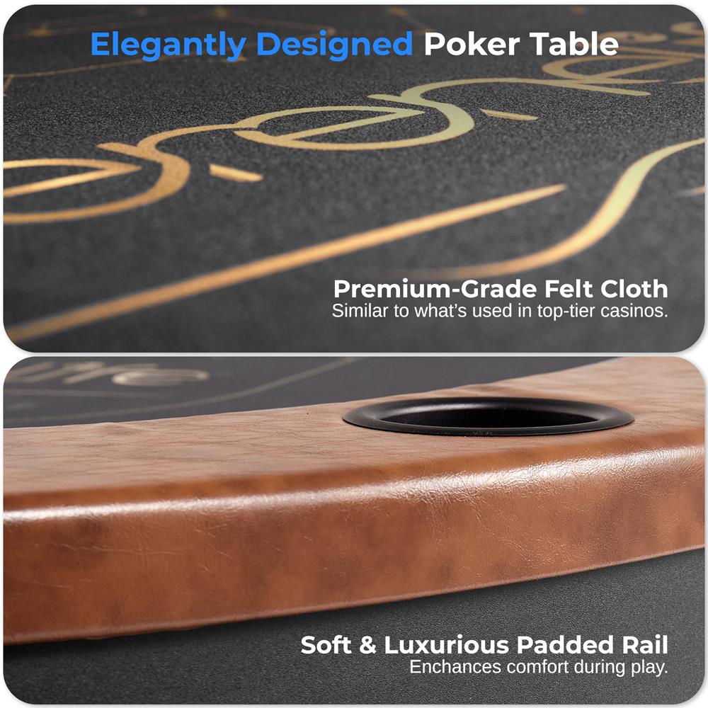 10-Player Foldable Poker Table, Water-Resistant Rail, Brown Felt Surface