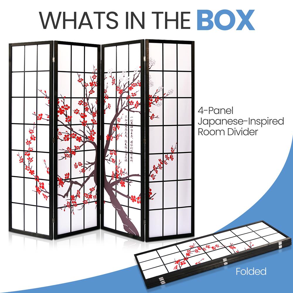 4-Panel Room Divider, Privacy Screen, Handcrafted Wood, Plum Blossom Design