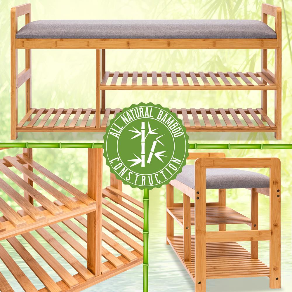 3 Tier Bamboo Shoe Bench - 2-In-1 Shoe Organizer With Seat Cushion Bench