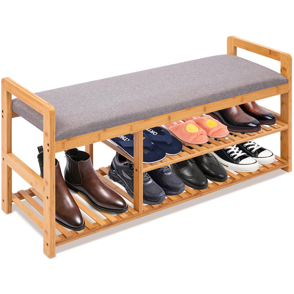 3 Tier Bamboo Shoe Bench - 2-In-1 Shoe Organizer With Seat Cushion Bench