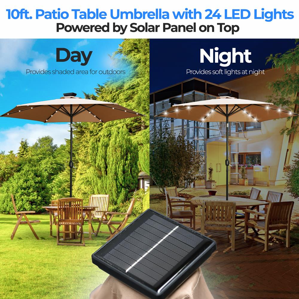 10Ft. Patio Table Umbrella With 24 Led Lights - 8 Sturdy Ribs With Push Button Tilt Uv Protection, Outdoor Furniture For Garden Lawn Deck Pool And Beach